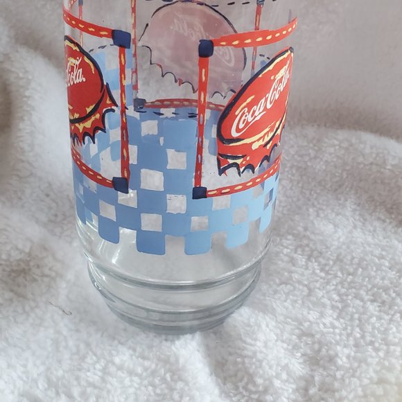 Coca-Cola vintage 1980s Blue Checkered Band Drinking Glass - Picture 5 of 6